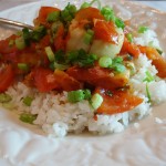 spicy saucy scallops with tomatoes and tamari, baked in a packet