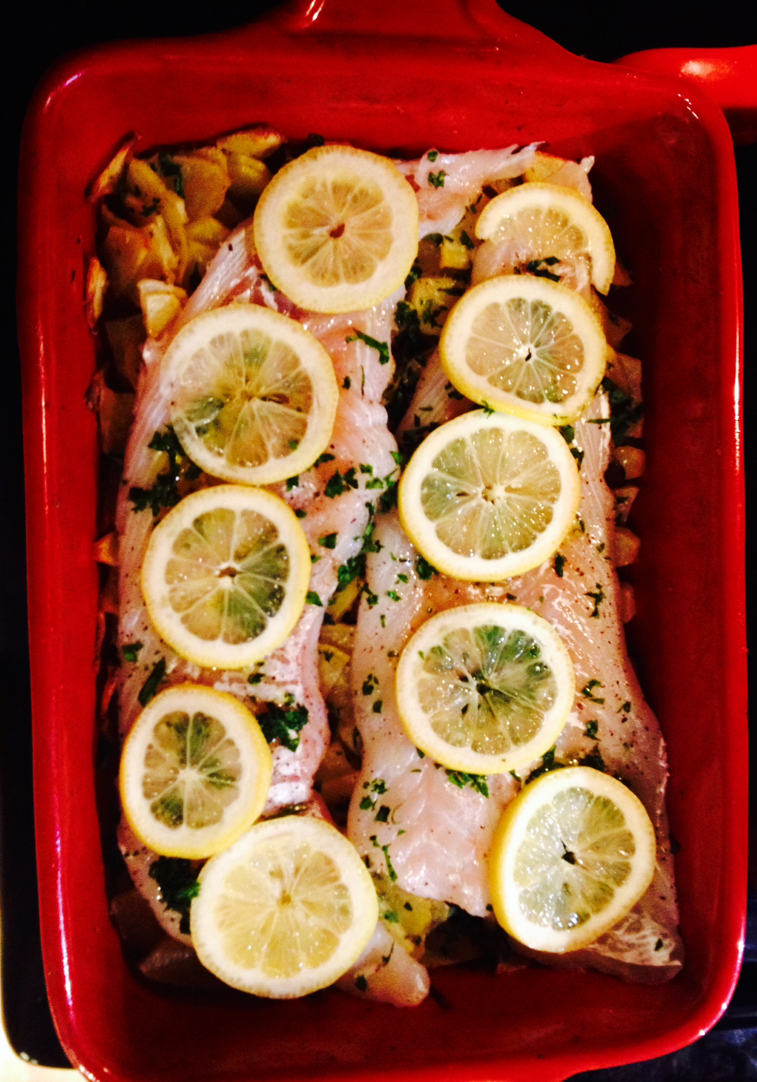 lemon cod on potato bed prepped for oven :: by radish*rose