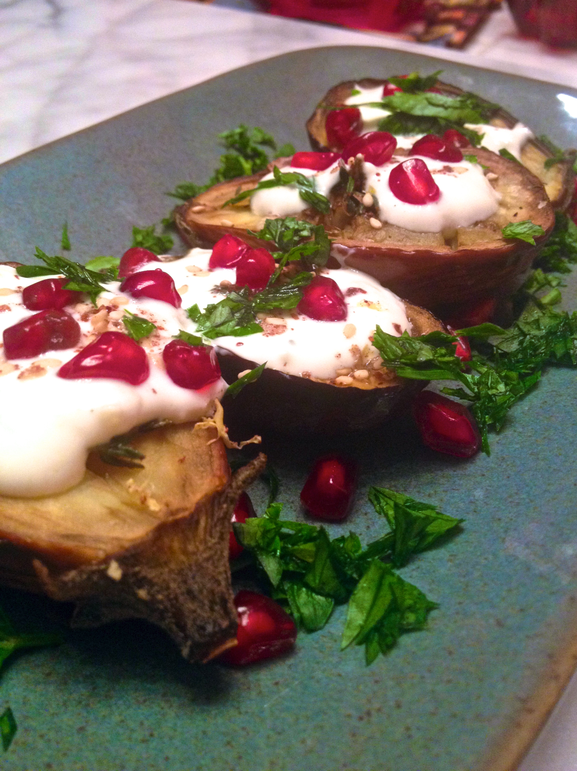 roasted eggplant with thyme, pomegranate, and garlic yogurt sauce :: by radish*rose