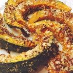 savory roasted pumpkin wedges with crunchy parmesan herb topping