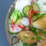baked teriyaki fish with pickled vegetables