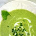 chilled green pea soup with mint, tarragon, basil, and goat cheese