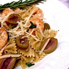 bowtie pasta with shrimp, olives, and rosemary