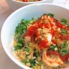 cauliflower fried rice with shrimp, egg, and green onion
