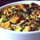 savory bread pudding with broccoli rabe and mushrooms