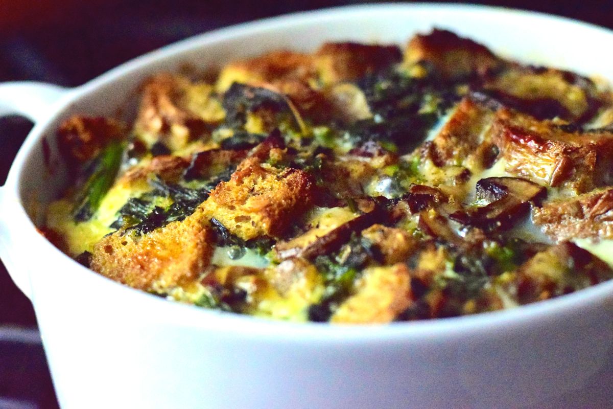 savory bread pudding with greens and mushrooms :: by radish*rose